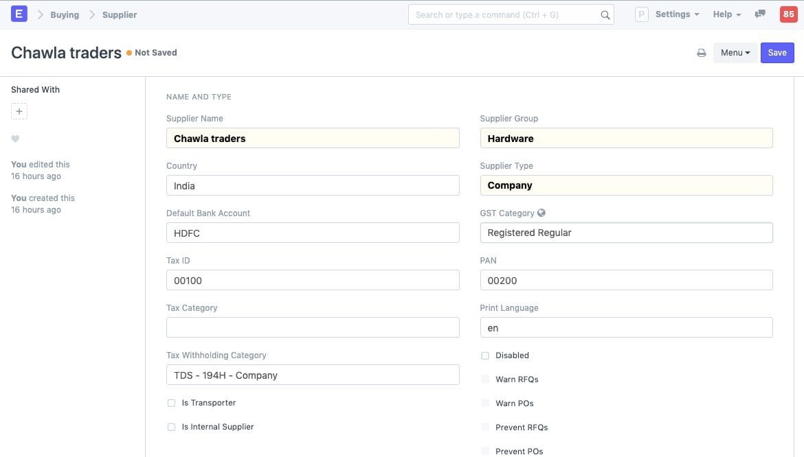 ERP — Supplier Master